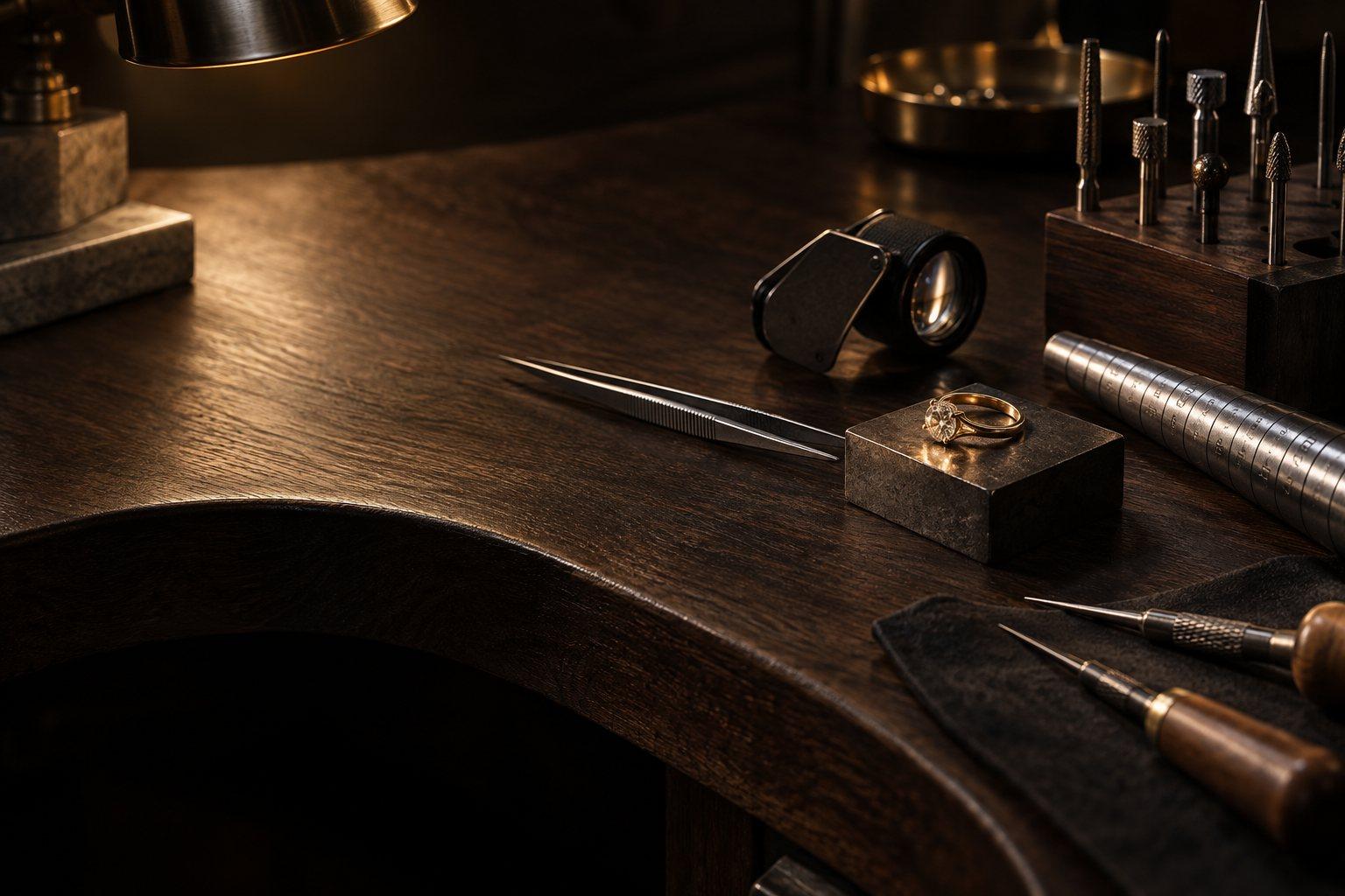 Jeweler's workbench with a loupe, precision tools, and a gold ring.