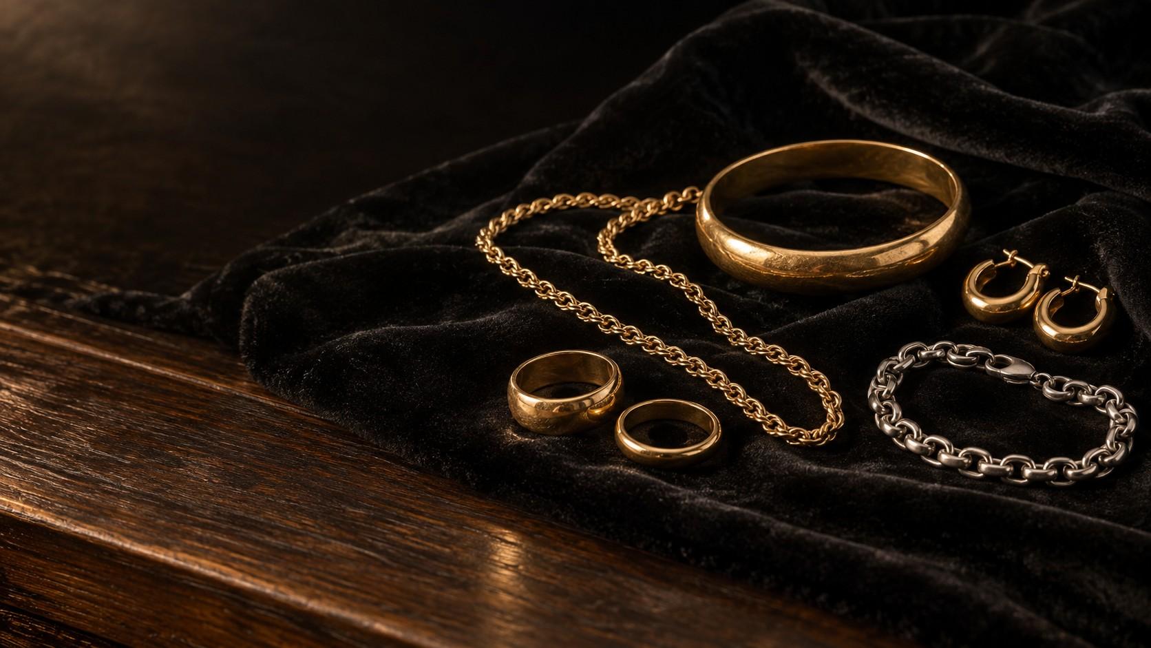 Gold rings, a bangle, a chain necklace, hoop earrings, and a silver bracelet arranged on black velvet.