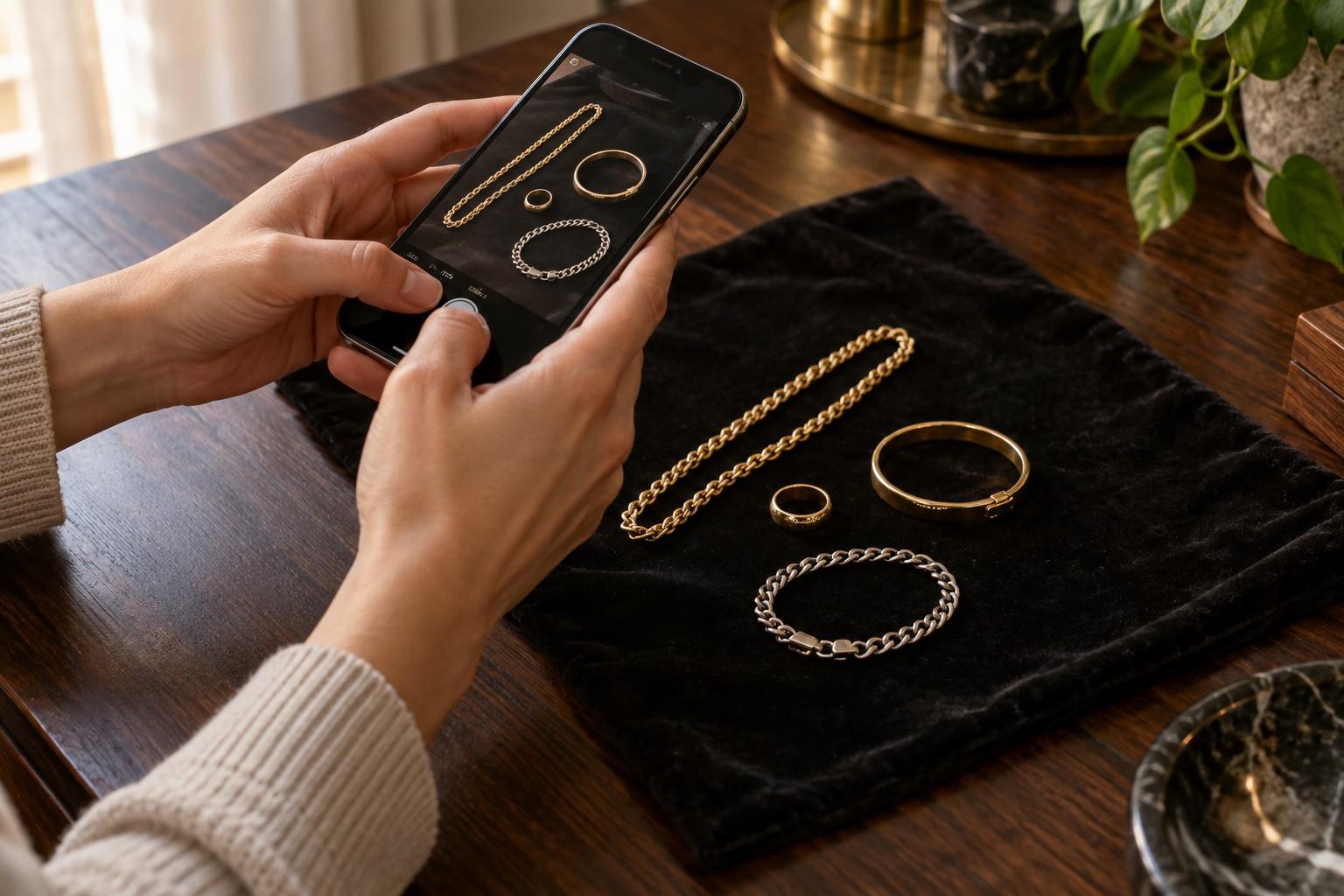 A customer's hands holding a phone, photographing their gold jewelry laid out on black velvet.